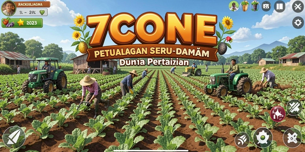 Tangkapan layar gameplay 7CONE menunjukkan momen seru bertani di lahan hijau.