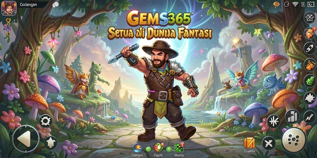 Screenshot GEMS365 menampilkan karakter menjelajahi dunia penuh petualangan.