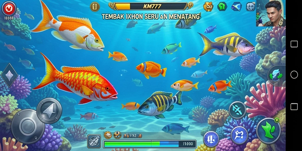 Screenshot gameplay KM777 menampilkan aksi seru menangkap ikan.