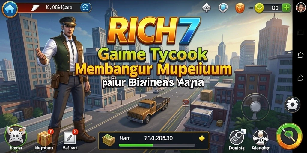 Tangkapan layar gameplay RICH7 menampilkan manajemen bisnis yang menarik.